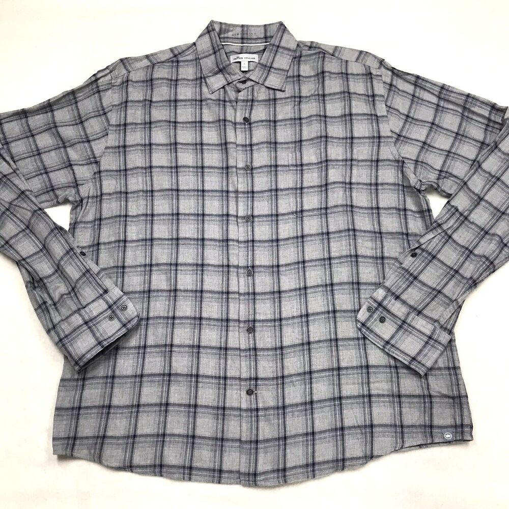PETER MILLAR Flannel Shirt Men L Gray Blue Window Pane Plaid Chamois Cloth Prep